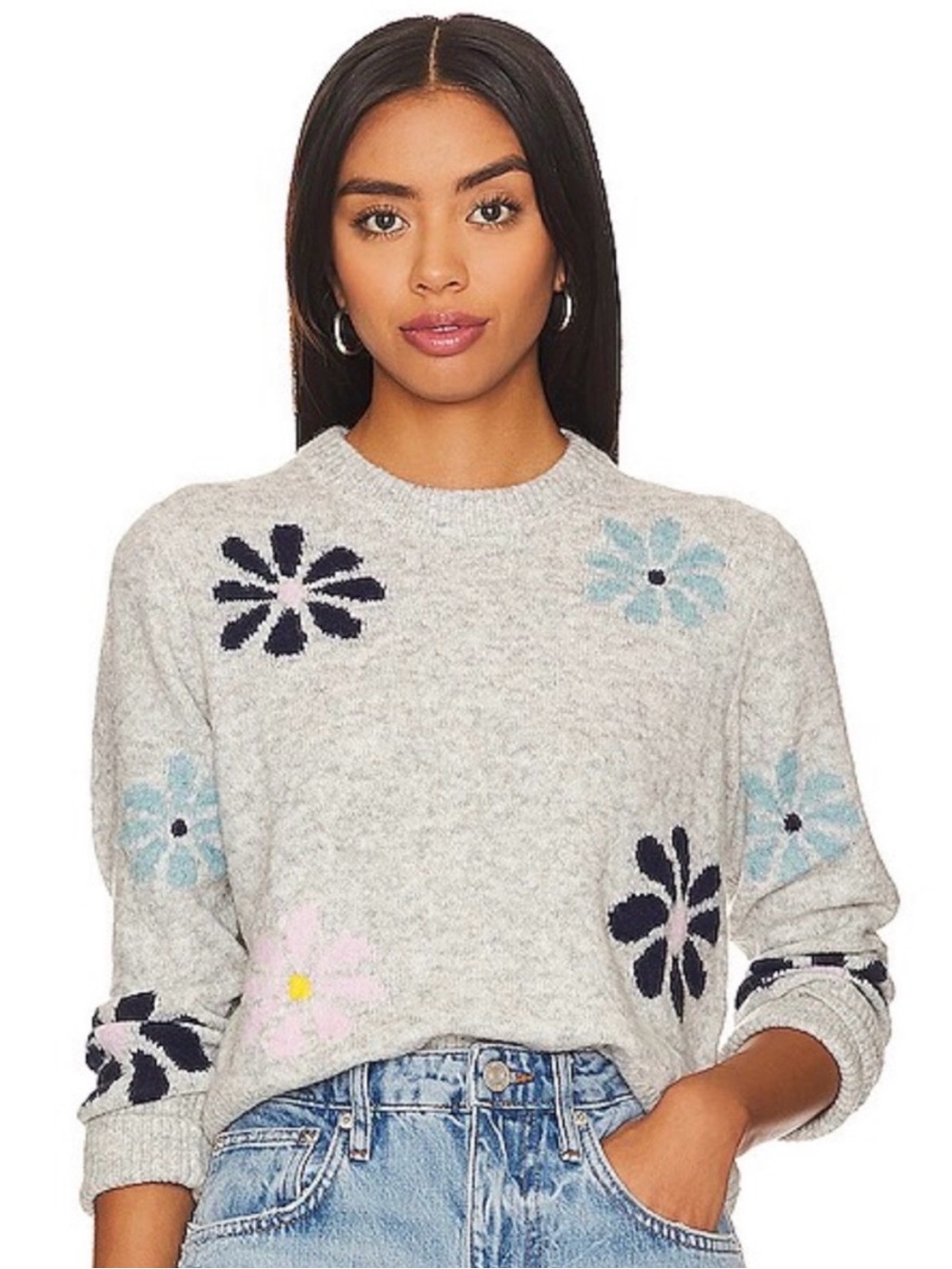 Rails Gray Floral Crewneck Sweater with Navy, Light Blue, and Pink Blooms